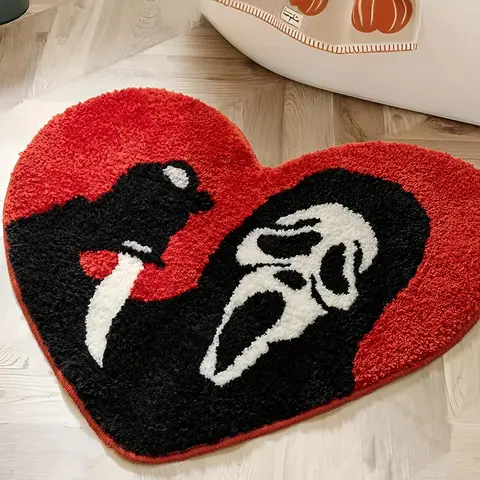 Ghost-Heart Style Gothic Slip Resistant Bath Mat, Pink Soft Absorbent Water Super Absorbent Bathroom Floor Accessory, Spooky & Sweet Halloween Decor for Bathrooms, Soft Absorbent Mats