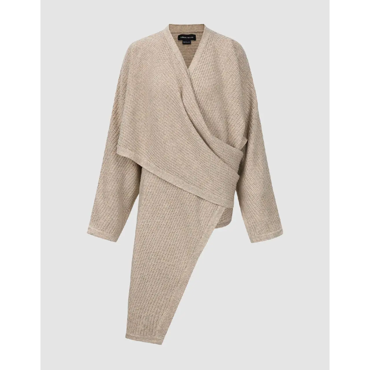 URBAN REVIVO Women's Clothes 2026 Spring 2-Piece Oversized Asymmetrical Knitwear Set - Polyester Fabric, Long Raglan Long Sleeves, V-Neck Cardigan Top, Plaid, Casual, Multi-Size, Comfortable, Fit UWH940004