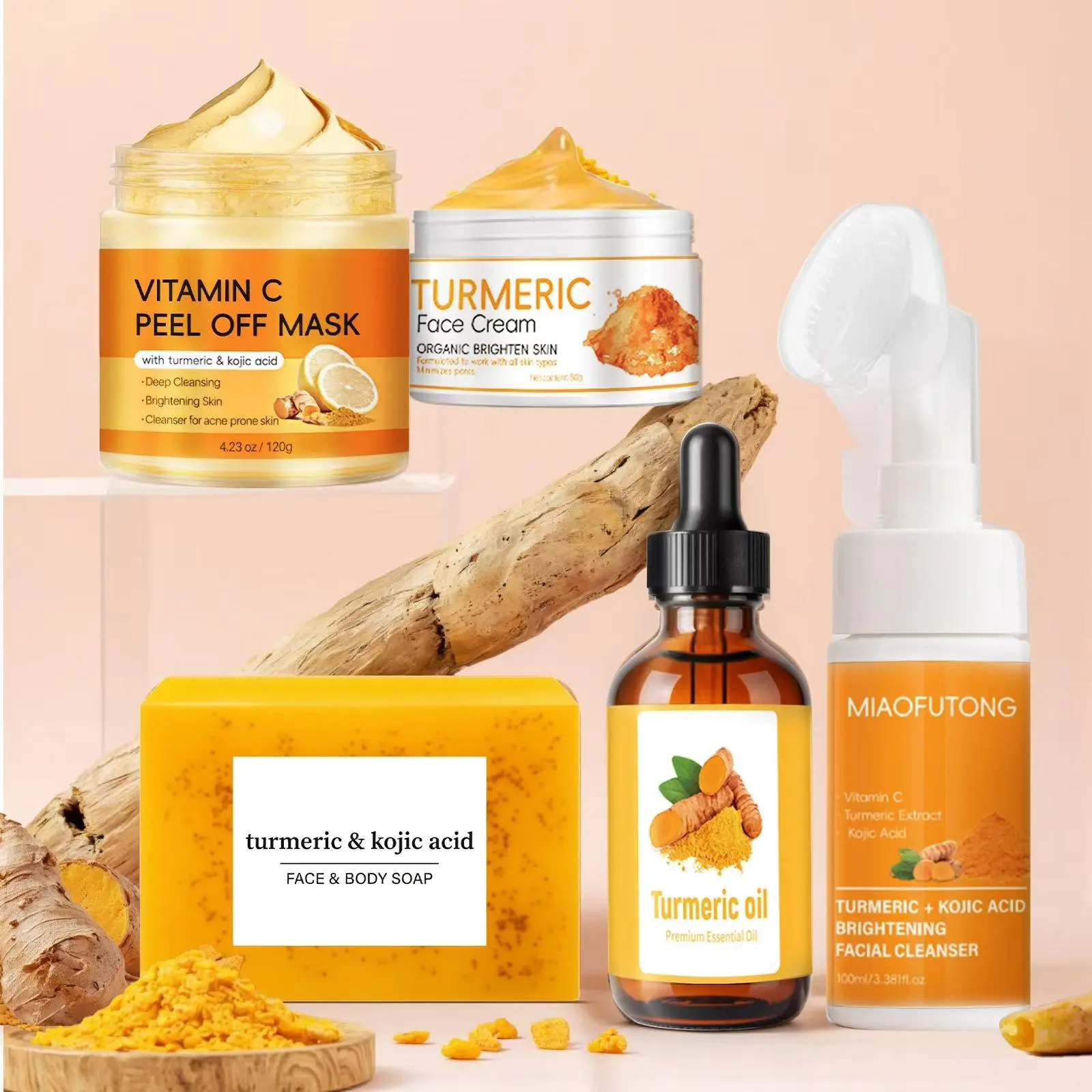 Turmeric Kojic Olive Bath & Body Beauty Set, 5 Counts/set Turmeric Soap & Cleanser & Oil & Vitamin C Peel Off Face Mask & Face Cream, Deep Cleansing & Nourishing Skin Care Set, Skin Rejuvenating Set, Body Essentials Set, Body Gift Set, Silky Skin Set