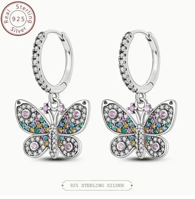 S925 925 Sterling Silvery Dangle Butterfly Drop Hoop Earrings for Women Fashion Zirconia CZ Earing Hoop Jewelry