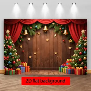 2D Flat HD Photography Background, Retro Wooden Wall Christmas Party Photography Background Cloth Double Christmas Tree Color Ball Gift Box Decoration Holiday Party Photography Warm Background Decoration Used For Christm Banners Ornaments