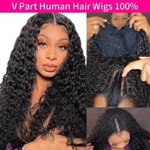 Bling Hair Deep Wave V Part Wigs Human Hair Glueless Wig No Leave Out Real Scalp Beginner Friendly No Sew In No Glue With Invisible Strap Drawstring Curly Wigs For Women 180% Density