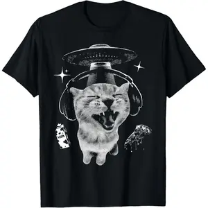 Cotton Streetwear Graphic Tees Casual Round Neck Shortsleeve Fashion Retro Cat Meme Alien UFO Shirt 90s Vintage  Y2K T-Shirt