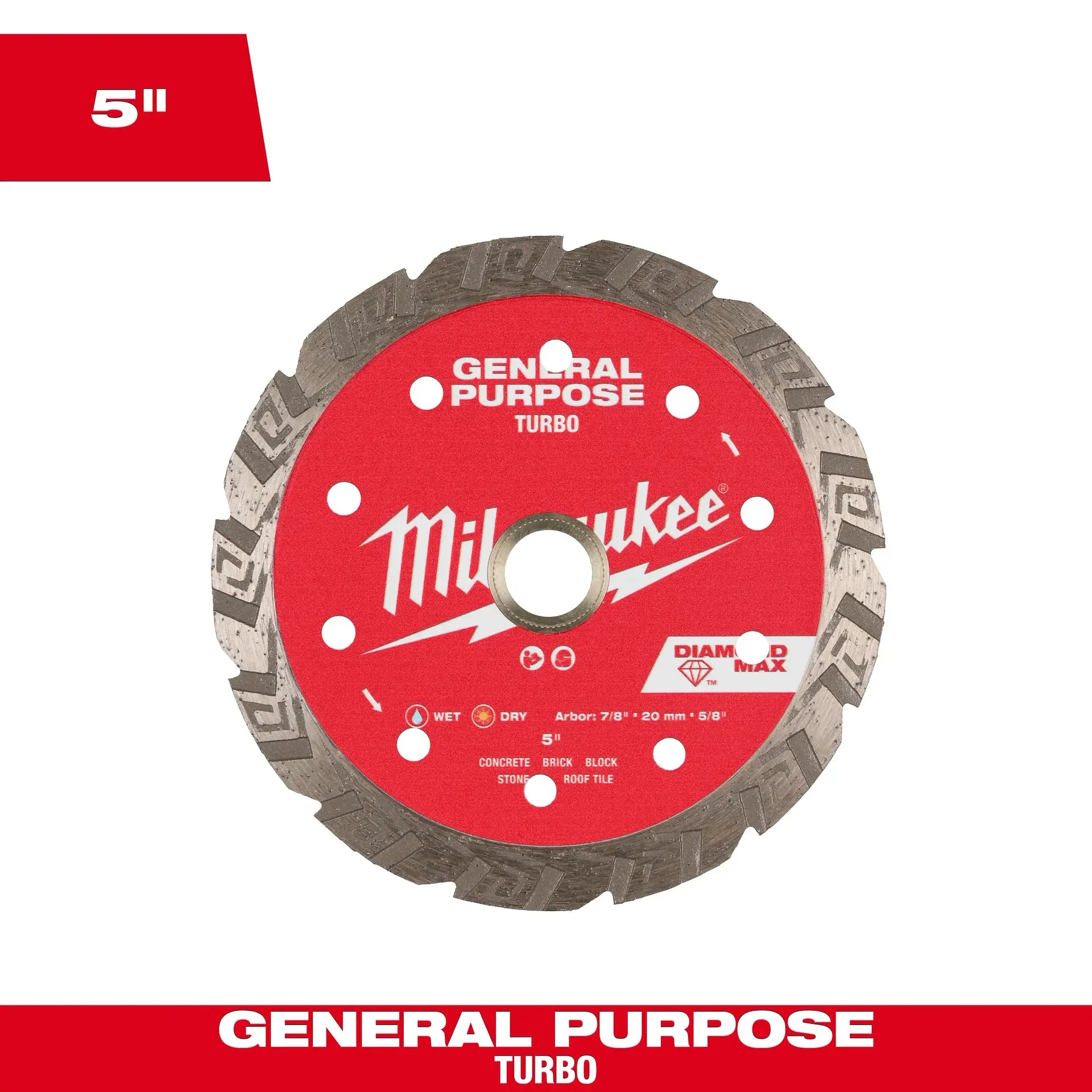 Milwaukee 49-93-9105 5-in DIAMOND MAX™ Turbo Diamond Blade with Serrated Turbo Rim, 5x Longer Life, General Purpose for Cutting Paver & Concrete, Wet/Dry Use
