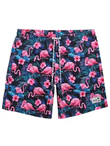 Men's Floral Print Flamingo Shorts, Regular Fit Casual Comfy Swim Shorts for Summer, Men's Shorts for Beach Vacation, Swimwear Shorts