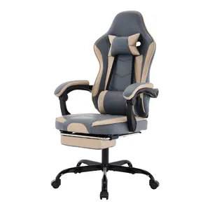 Recliner Gaming Chair for Adults, 360° Swivel Ergonomic Chair with Pull-Out Footrest, Headrest, Massage Lumbar Support, Height Adjustability, Beige+Blue, for Office or Gaming Use