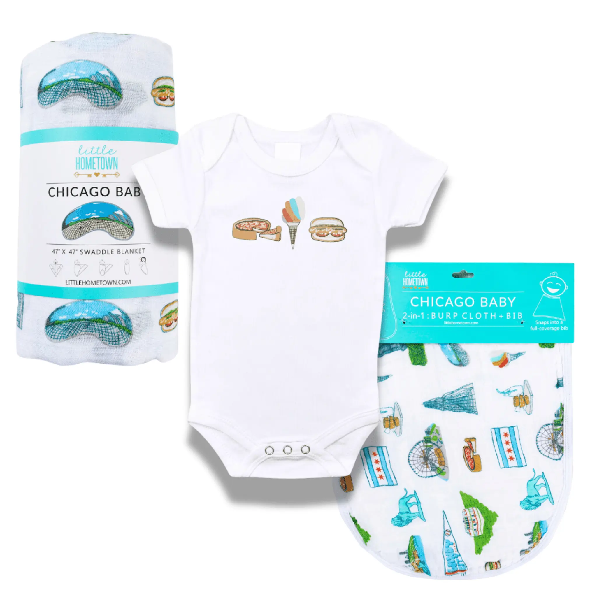 Chicago Foodie Baby Gift Bundle Bamboo Cotton Swaddle, Bib, Onesie