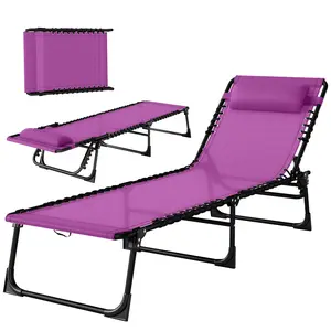 Purple four position reclining folding pool lounge chair with pillow and elastic bungee seat waterproof powder coated steel frame and mesh surface ideal for lawn outdoor leisure and relaxation