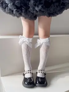 Girls' Knee-High Socks with Lace Trim and Bow, Breathable Hollow Out Design, Casual Party Wear, High-Quality Comfortable Footwear