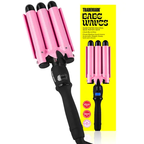 Trademark Babe Waves Original 3 Barrel Hair Waver 1 inch Barrels Adjustable Temperature Hair Curler Perfect Rippled Waves 25mm Pink - Wavy