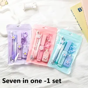 Seven-In-One Multi-Functional Stationery Set, Four Colors Available, Includes Push-Pull Eraser, Highlighter, Ballpoint Pen, Ideal for Creatives
