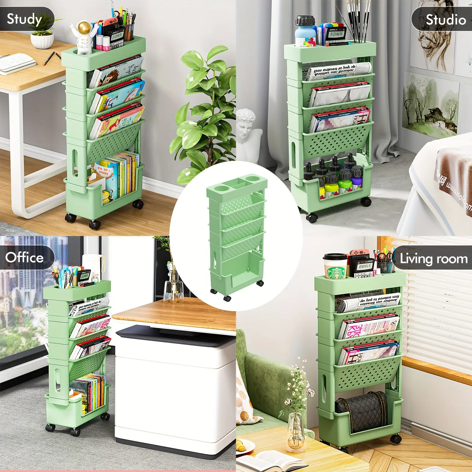 New Multi-Tier Wheeled Bookshelf Tower - Space-Saving Stackable Contemporary Storage Solution for Home and Office Organization with Easy Mobility and Versatile Shelving Organiser Plastic