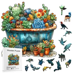 High-Difficulty Wooden Puzzle Vibrant Succulent & Cactus Arrangement Perfect for Party Games DIY Gifting Challenging Plant Puzzle Lovers Toddler Alphabet