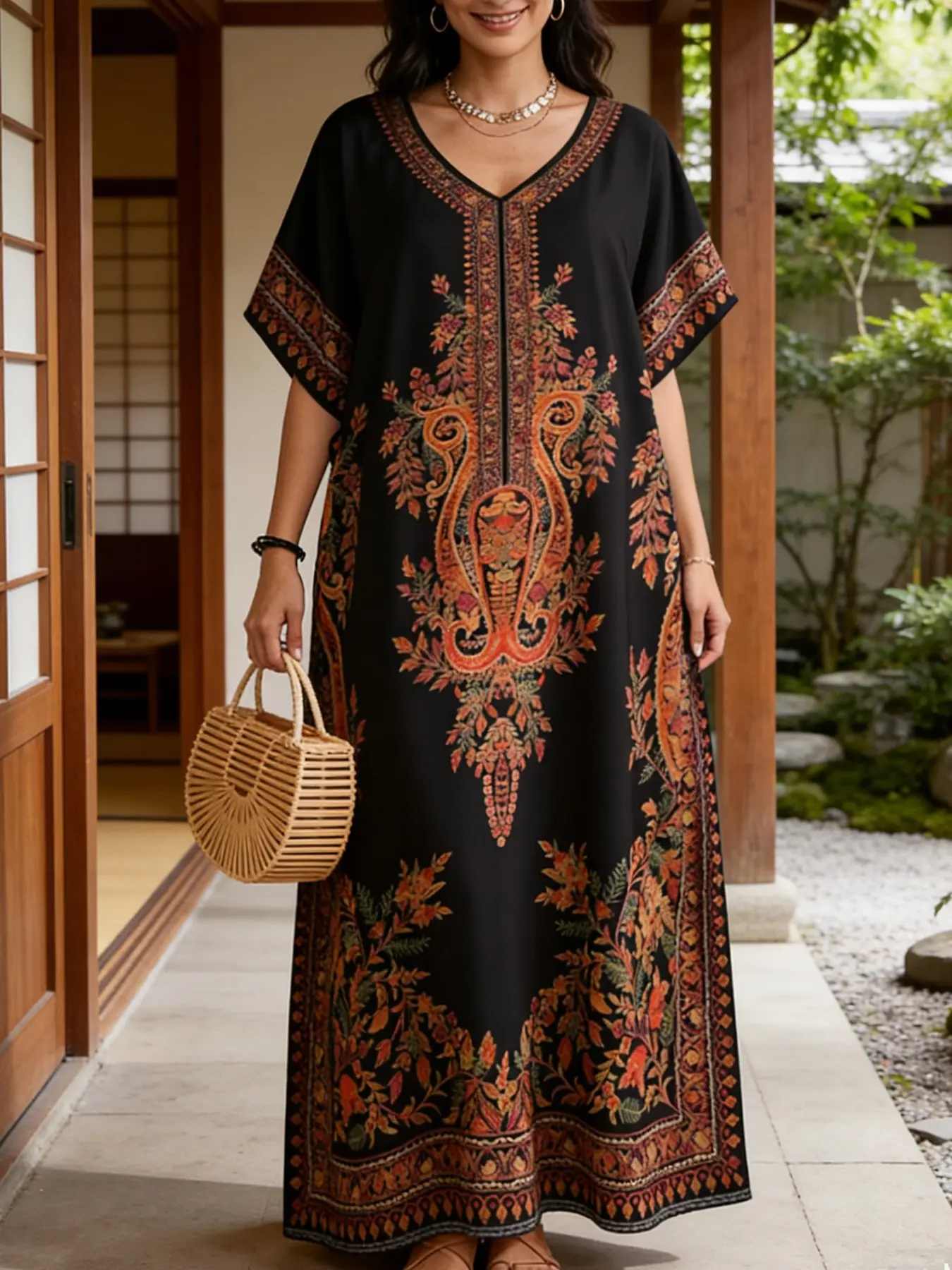 Women's Middle Eastern Robe, Casual Everyday V Neck Beach Vacation Bohemian Boho Styles Fashion Home Daily Wear Dress, Loose-Fitting Ethnic Floral Pattern, Womenswear