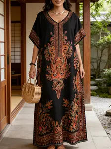 Women's Middle Eastern Robe, Casual Everyday V Neck Beach Vacation Bohemian Home Daily Wear Dress, Loose-Fitting Ethnic Floral Pattern, Womenswear