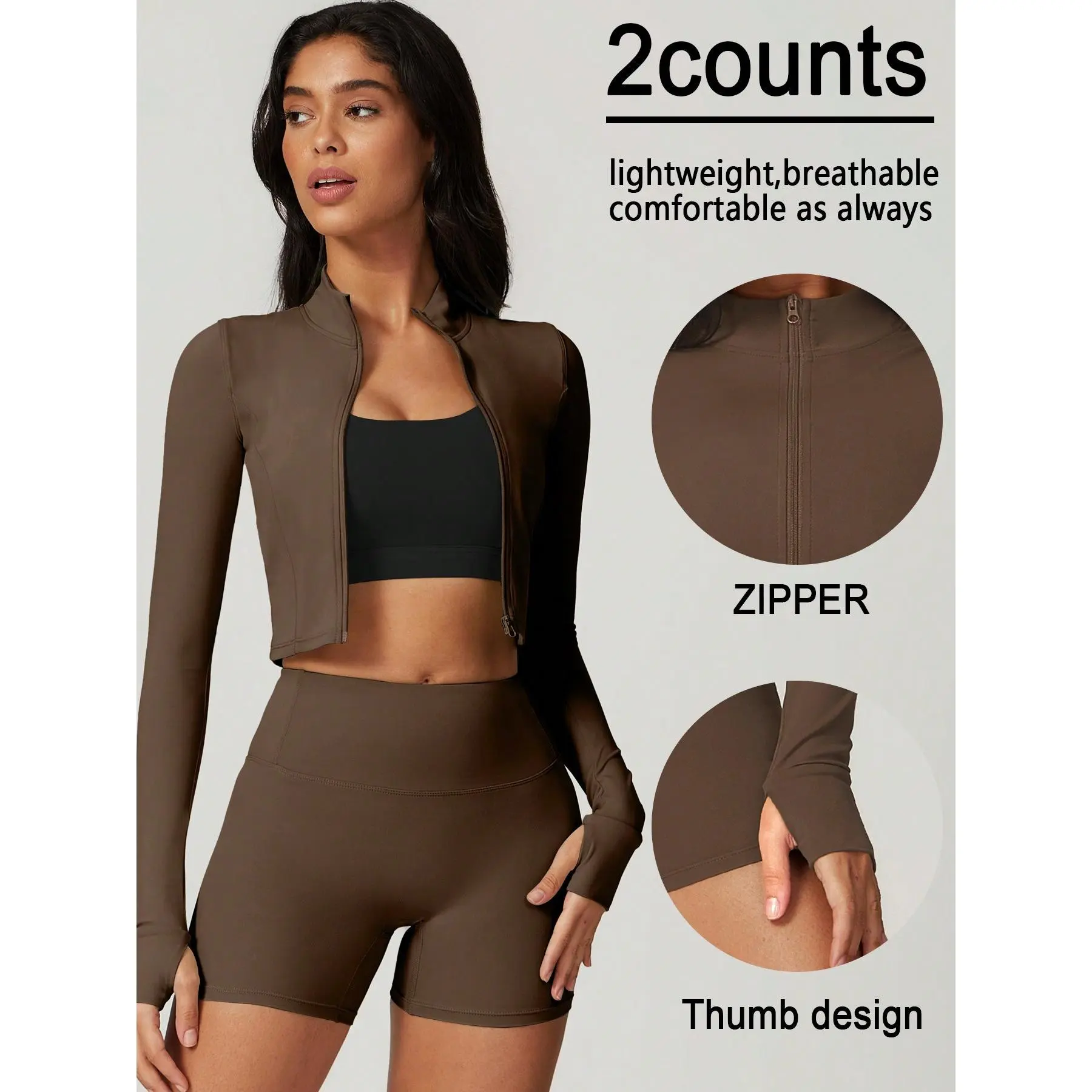 Women's 2-Piece Elastane Blend Solid Minimalistic Tracksuit Set - Long Sleeve Zip-Up Crop Jacket with Thumb Holes, High Waist Bike Shorts, All Seasons Sporty Streetwear for Gym Running, Regular Fit, 2 Counts Lash Sets Compatibility