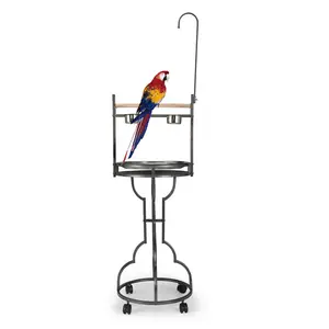 Bird Stand Rack with Solid Wood Perch, Feeding bowls, Waste Tray, Toy Hook and Casters, Large Parrot Playstand Movable Parrot Perch Stand for Small Medium Parrots Black