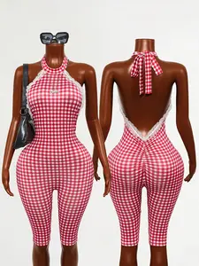 New Women's Resort Beach Style Boho Plaid Print Lace Patchwork Halter Backless Sexy Chic Elegant One-Piece Pants, Fashionable Summer, Casual Fitted Jumpsuit