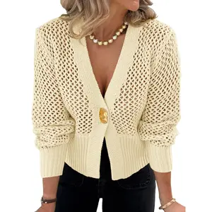 Lannew Womens Cropped Crochet Cardigans Hollow Out Button Down Lantern Sleeve Knit Sweaters Casual Mesh Loose Fit Cover Up