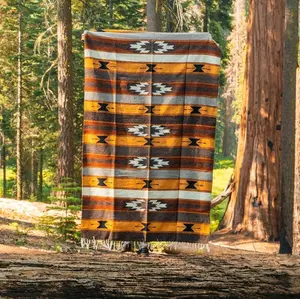 Wool Mexican Blanket XL & Thick - Tan Yellow Grey Black Red - Southwest Blanket - Mexican Throw Blanket