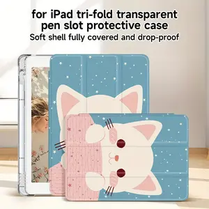 For Ipad Tri-Fold Transparent Pen Slot Protective Case Soft Shell Fully Covered And Drop-Proof 1pc TPU Protective Case for iPad 7/ 8/ 9th Gen, Pro 11 (2018/ 2020/ 2021), Air 4/ 5/ 6, for iPad 9.7inch with Tri-Fold Stand, Ultra-Thin Full Coverage Tablet