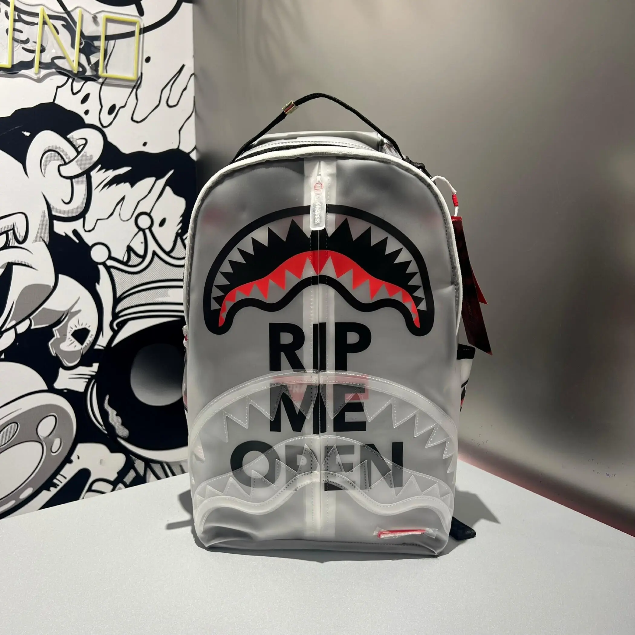 Sprayground Fashion See Through Clear PVC Shark Mouth Rucksack RIP ME OPEN Graphic Backpack Waterproof Large Capacity Streetwear School Laptop Backpack For Teen Boys And Girls
