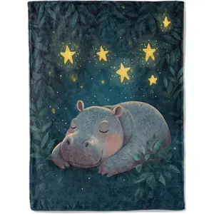 Extra Large 50x60inch Heavy Flannel Blanket - Sleeping Hippo and Starry Sky Design - Ultra Soft Lightweight Adult Shawl, Suitable for Sofa, Bed, Travel - Anti-Pilling Four Seasons Comfortable Gift (280g/m²), Home Decoration Accessories, Charming
