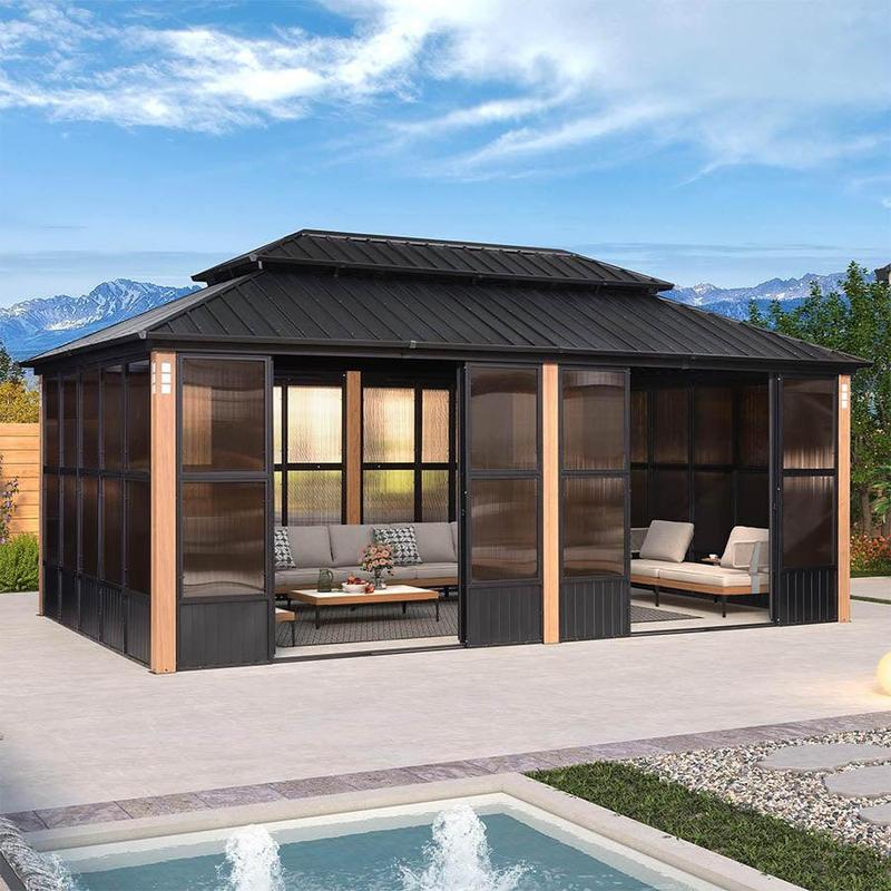 PURPLE LEAF 12' x 20' Hardtop Gazebo For Patio | Screen House Wood Grain Aluminum Solarium Canopy