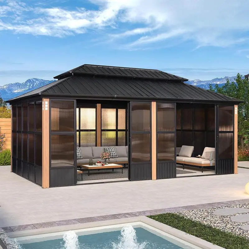 PURPLE LEAF 12' x 20' Hardtop Gazebo For Patio | Screen House Wood Grain Aluminum Solarium Canopy