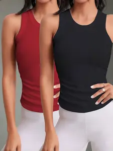 2-Pack Women's Solid Color Sports Tank Tops, Sporty Cami Top, Breathable Comfortable Sleeveless Crew Neck Ribbed Active Tops for Indoor & Outdoor, Yoga Sports Vest