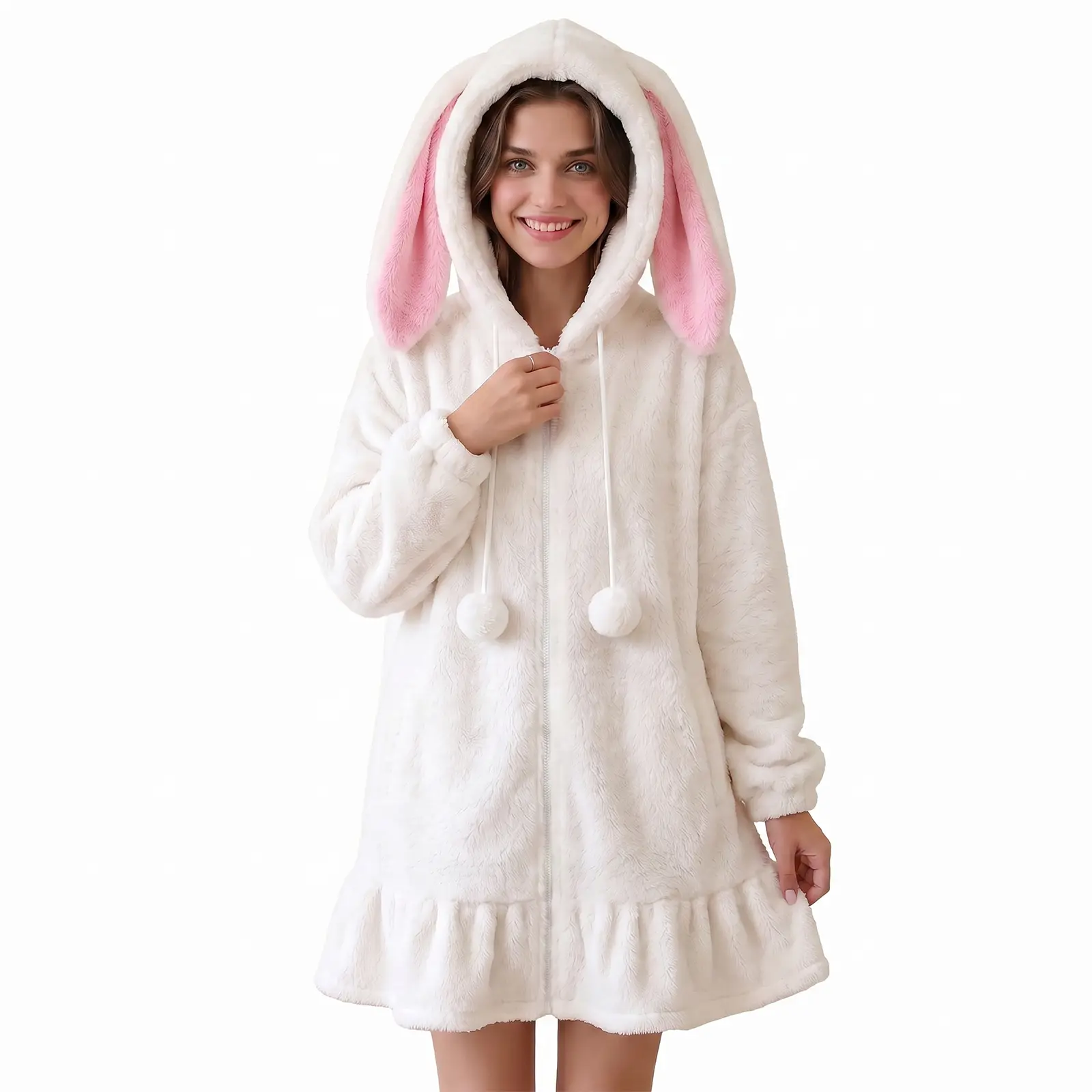 Women's Kawaii Anime Rabbit Ear Hoodie - Thick Long-Sleeve Pullover Polyester Women's Top, Fuzzy Cosplay Outwear, Sweet Lovely Hooded Sweatshirt Jacket