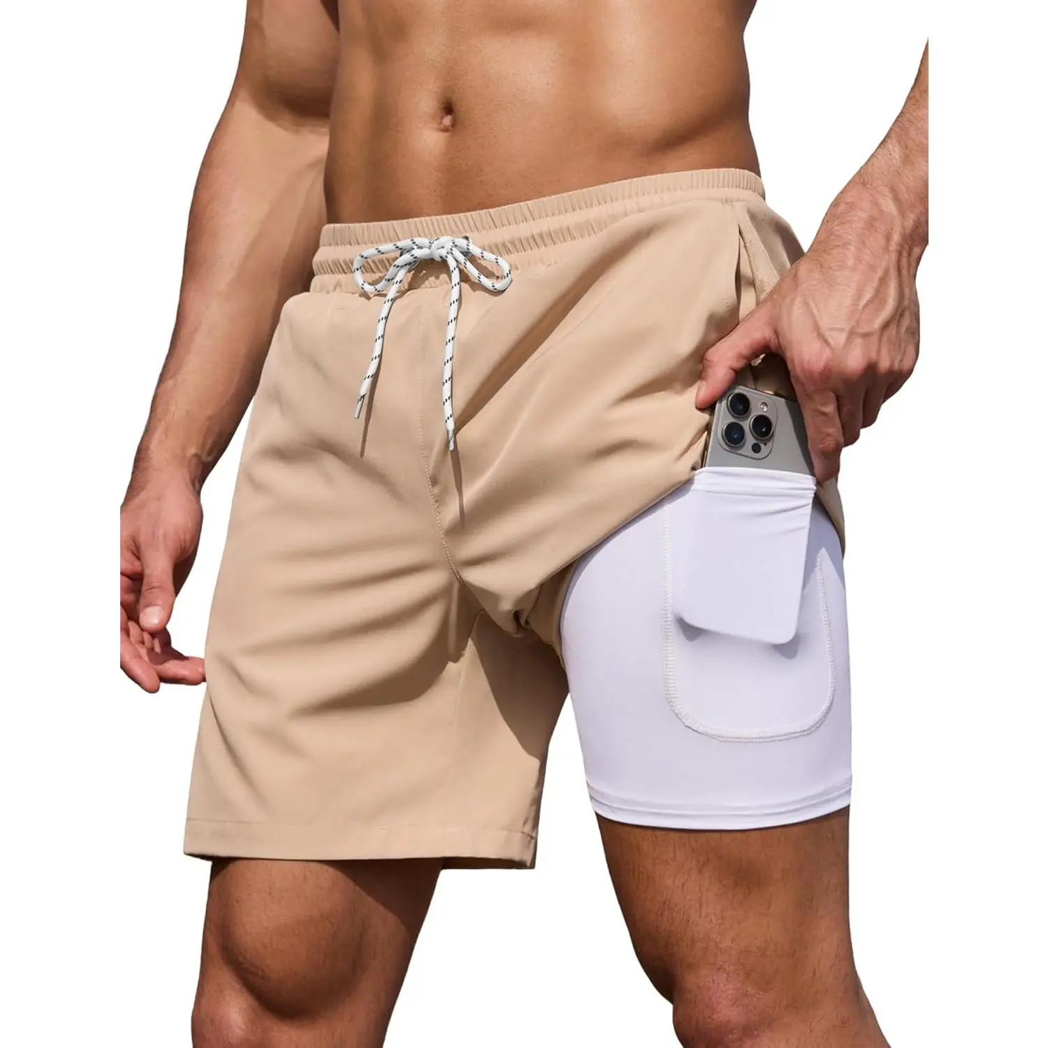 Men's Sporty 7-inch Solid Stretch Fabric Swim Trunks with Built-in Compression Liner and Zipper Pockets, Sporty Sports Clothing Sets