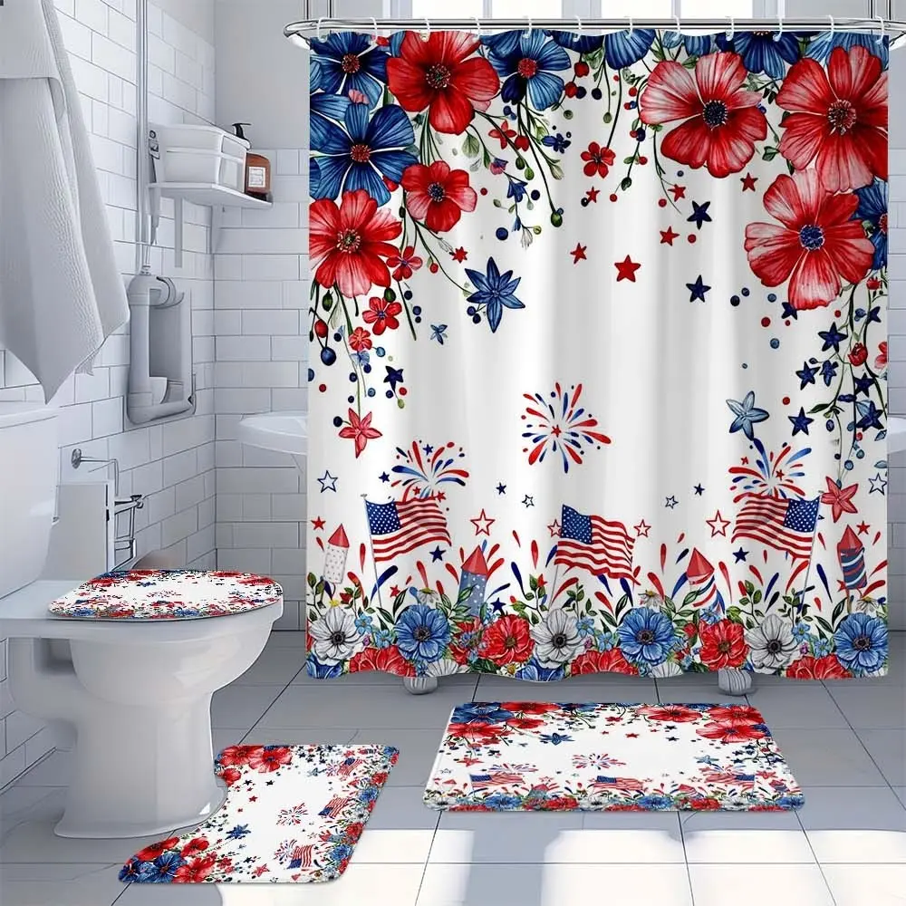 4 PC Independence Day bathroom set featuring shower curtain waterproof and floor mats decorated with American flags and fireworks, perfect for home decoration and bathroom renovation, Restroom Bathroom Accessories, Bathroom Decoration Accessories