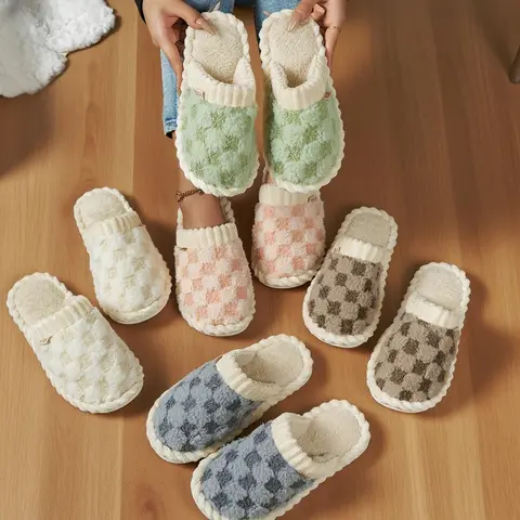 Women's Stylish Plaid Slippers - Soft Plush Slide Footwear with Non-Slip Sole, Cozy Warm Indoor Winter Home Use, 1.3‑Thick Sole