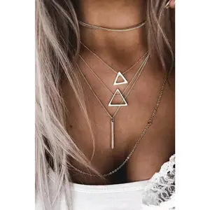 Silver Boho Triangle Bar Pendant Multilayer Necklace