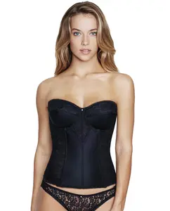 Dominique Colette Lace Longline Strapless Bustier Bra #8949 - Low Back Bridal Corset with Full Support & Shaping - Elegant Lingerie with Detachable Garters - Black