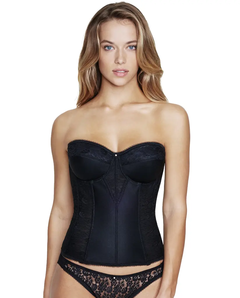 Dominique Colette Lace Longline Strapless Bustier Bra #8949 - Low Back Bridal Corset with Full Support & Shaping - Elegant Lingerie with Detachable Garters - Black