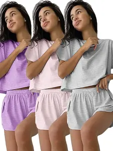 【Plus Size】Striped Print Tee & Shorts Loungewear Set, Casual Comfy Round Neck Short Sleeve T-shirt & Shorts PJ Set, Women's Sleepwear for All Seasons, Sleep Pajamas Shorts