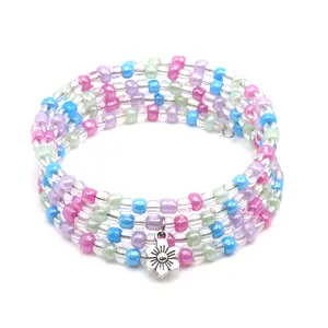Flower Charm Beaded Memory Wire Wrap Bracelet