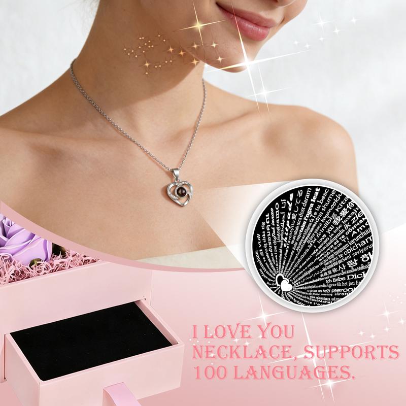 Valentine’s Day / Mother’s Day / Birthday Gift Box – Preserved Real Rose Eternal Flower Jewelry Storage Box with Double Open Surprise Bear and “I Love You in 100 Languages” Necklace