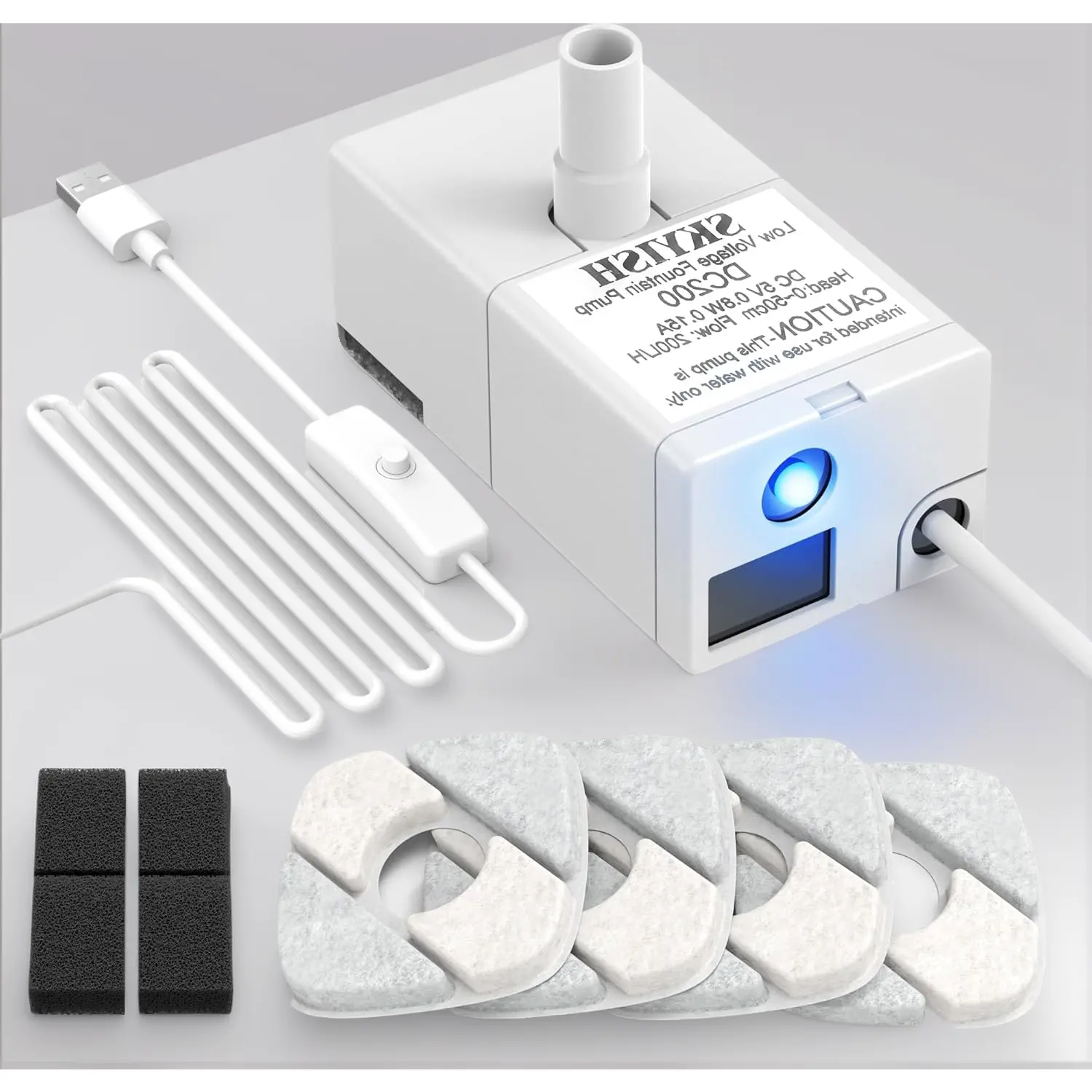 Cat Water Fountain Pump Replacement Kit – Ultra Quiet 5V USB Pump with LED Light, Compatible with 50oz & 95oz Fountains. Includes 6-Pack Pet Fountain Filters & Pump – Complete Maintenance Set for Fresh, Clean Water, Multi-Layer Filtration & Energy-Efficie