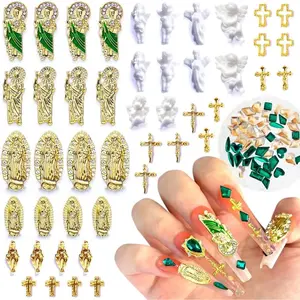 San Judas Virgin Mary Cross 3D Nail Charms Angel Gold Alloy Metal Rhinestones for Acrylic Nail Art