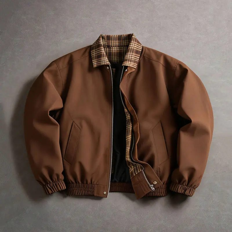 Men’s retro plaid collar zip-up bomber jacket, oversized loose-fit streetwear windbreaker, fall/winter casual lapel outerwear with side pockets, for everyday street hangouts and commuting, men’s fashion coat