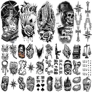 77 Sheets Black Temporary Tattoos Adult Skull Prison Chains Cholo Web Fake Tattoos Stickers, Half Sleeve Body Shoulder Neck Tattoo for Men Women Kids