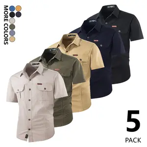 Men’s 5-pack work short-sleeve shirts with multiple pockets—abrasion-resistant outdoor casual button-up tops made from stain-resistant fabric that is durable and easy to care for; ideal for construction sites, workshops, auto repair, and gardening; easily