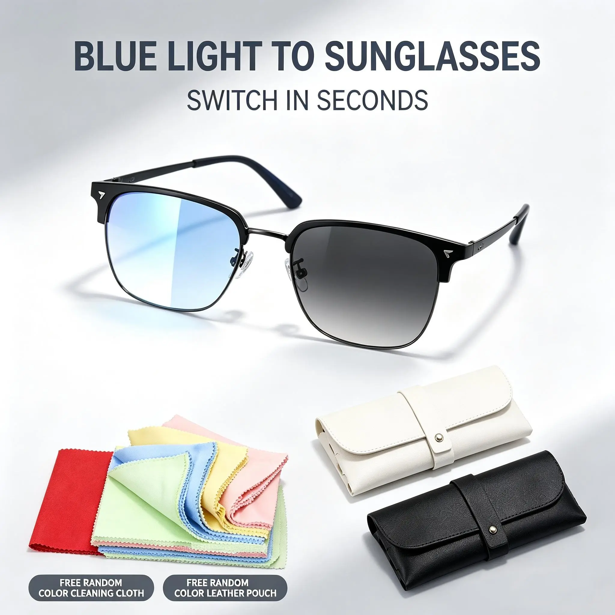 2 in 1 Photochromic Square Eyeglasses Men, Blue Light Blocking Indoor Glasses Auto Darken Outdoor Sunglasses With Free Leather Case & Lens Cloth