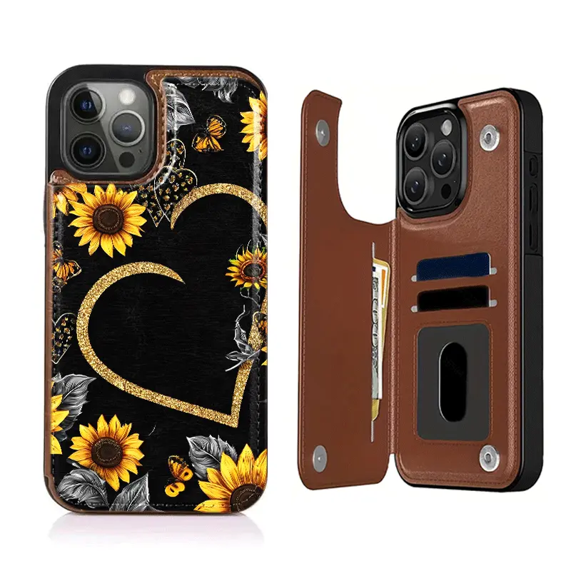 Phone Case - Heart-shaped sunflower wallet card phone case, cute phone ...