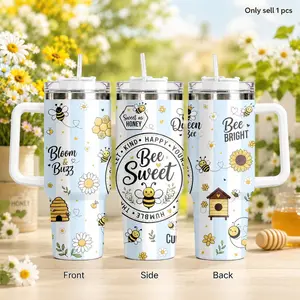 GuLuBoo Bee Happy Seamless Vacuum Flasks 40oz Stainless Steel Insulated Tumbler, Leak-proof Travel Mug with Straw, Portable Water Bottle for Coffee, Gym & Office, Creative Drinkware Cup Ideal Holiday Gift
