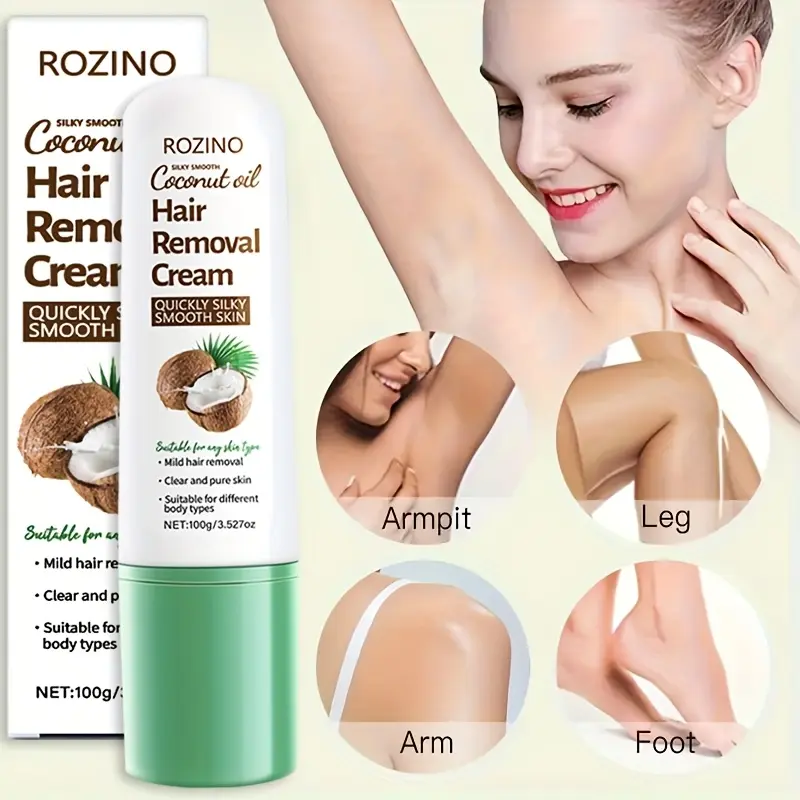 ROZINO Coconut Oil Gentle Hair Removal Cream 100g, enriched with coconut oil, mildly removes unwanted hair on underarm, legs, arms and feet, moisturizes skin to leave smooth silky complexion and fits all skin types.