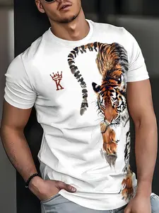 Men's Tiger Stripe Digital Print Fashion T-Shirt, Breathable Comfort Short Sleeve, Casual Streetwear, All Seasons Fitted Top